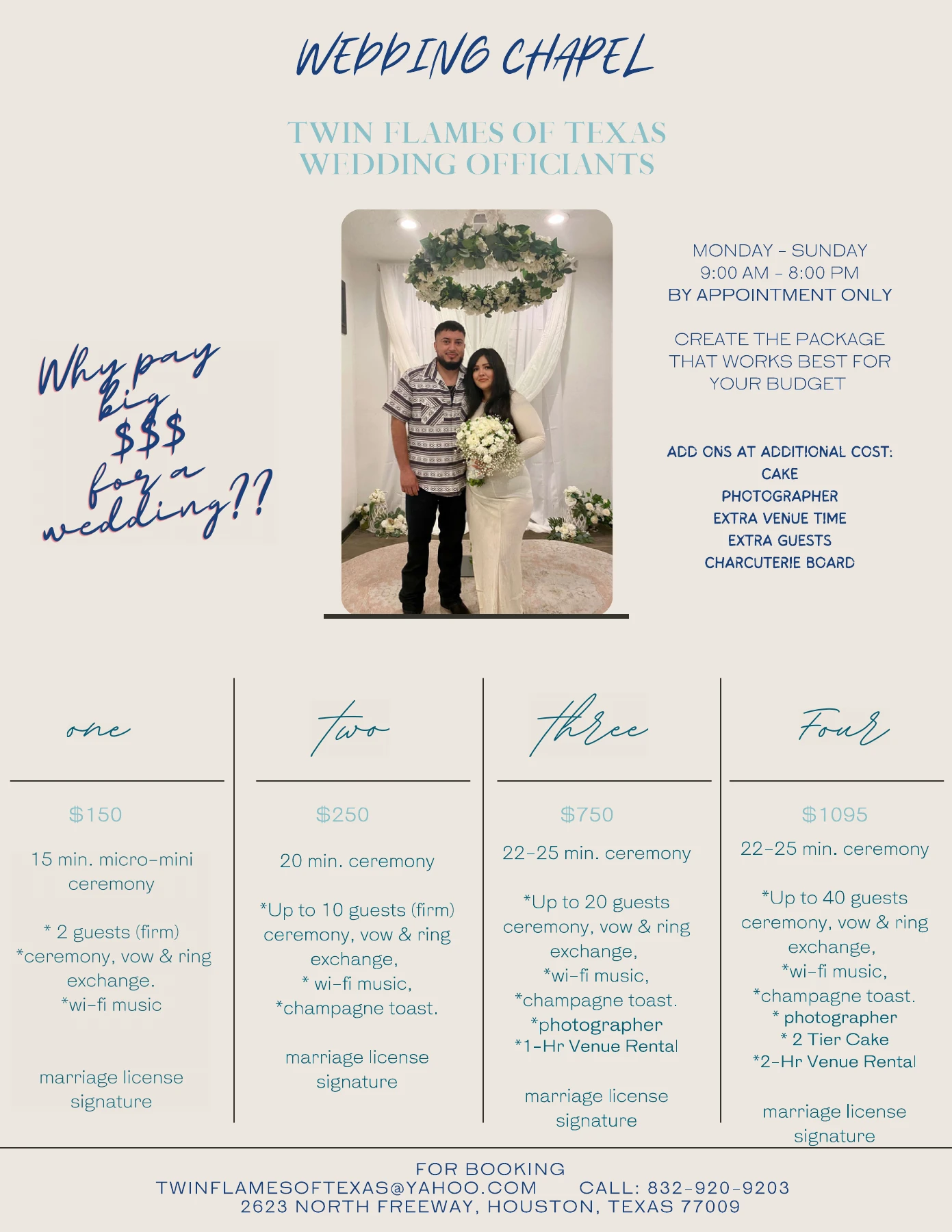 Twin Flames of Texas wedding chapel flyer showing four packages and appointment-only hours; full details are listed on Services & Pricing